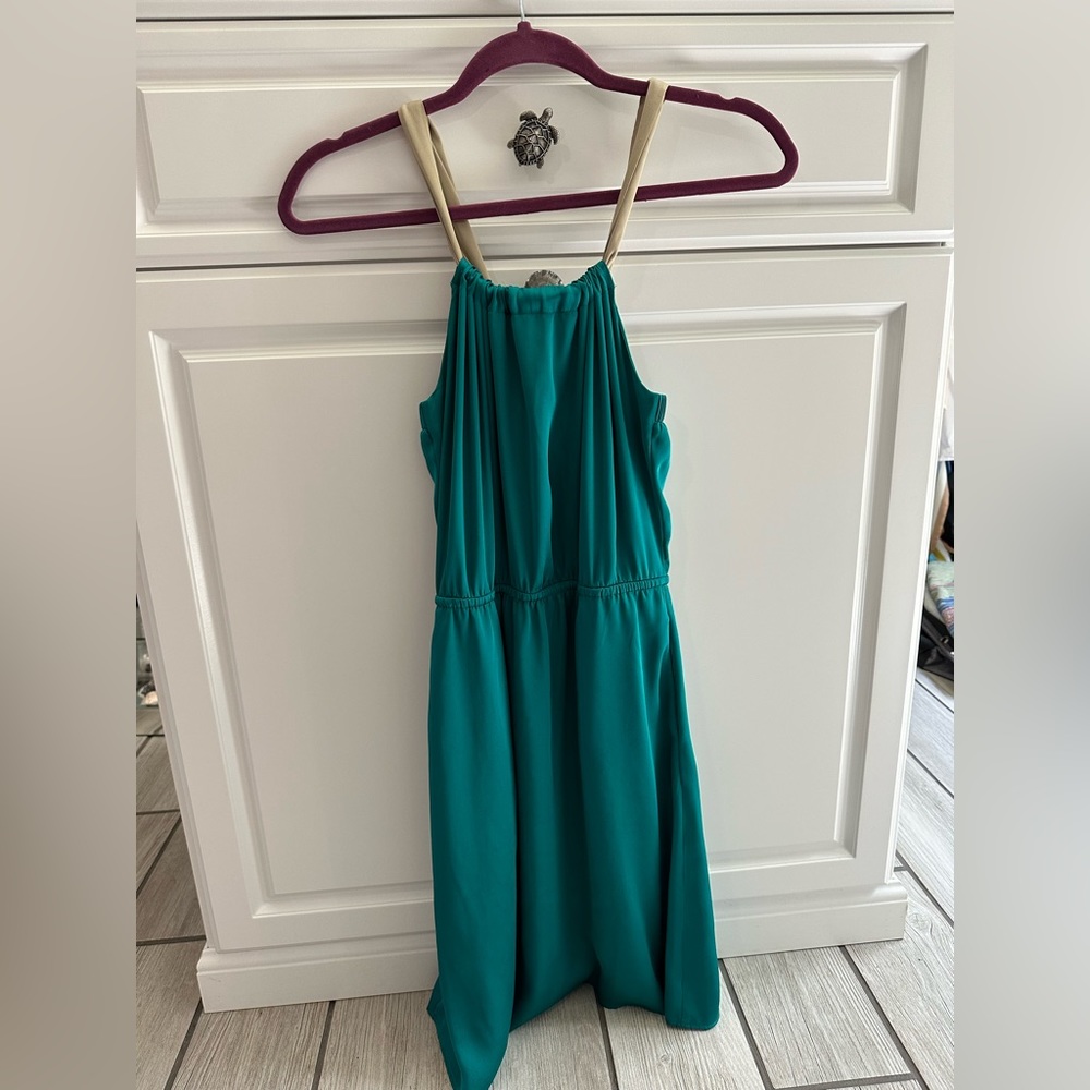 XS Silky Teal Dress with Beige Accent Ribbon Ties in a Bow & Secures Neckline